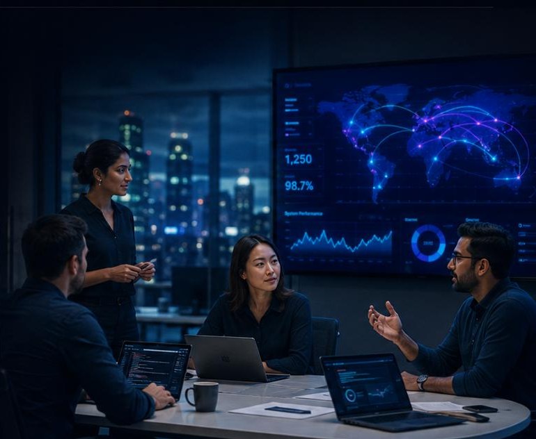 PayTech Studio team reviewing a global performance dashboard in a meeting room at night