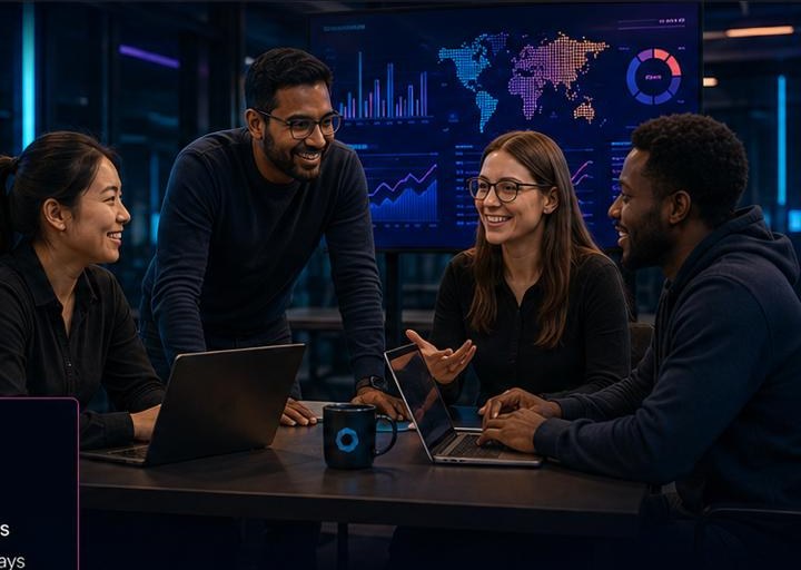 Four PayTech Studio colleagues laughing together around laptops in front of a data wall